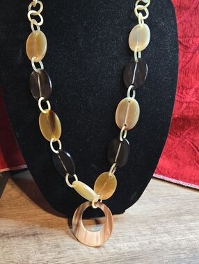 Natural Buffalo Horn Link Statement Necklace 36" Boho Large Circle Pendant